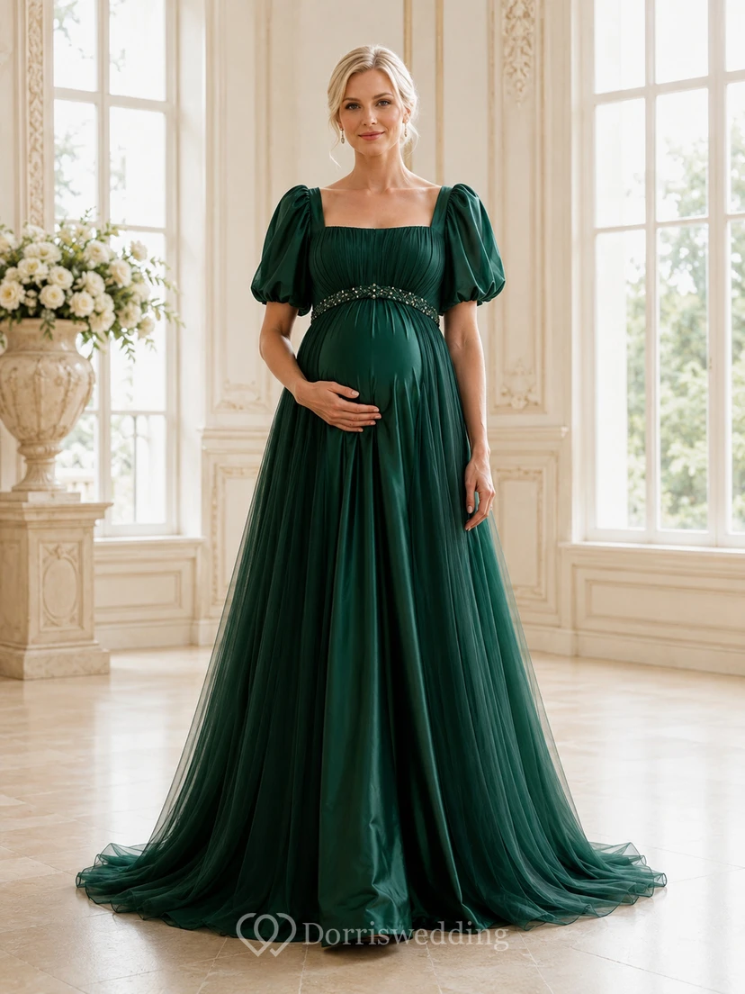 Dark Green Maternity Square Neck Puff Sleeve Empire A-Line Wedding Dress