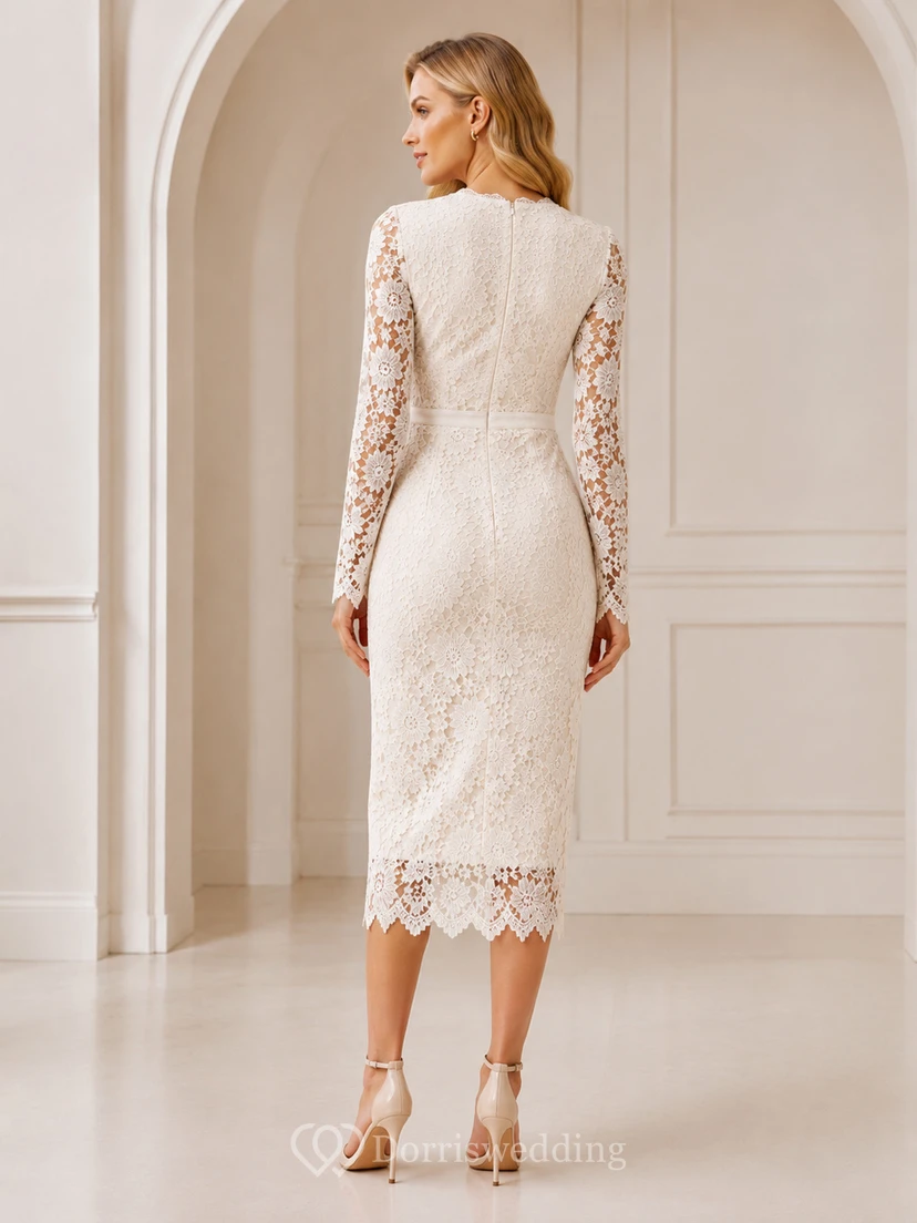 Robe de mariée fourreau à manches longues et col montant en dentelle illusion, style modeste, coupe thé view 2