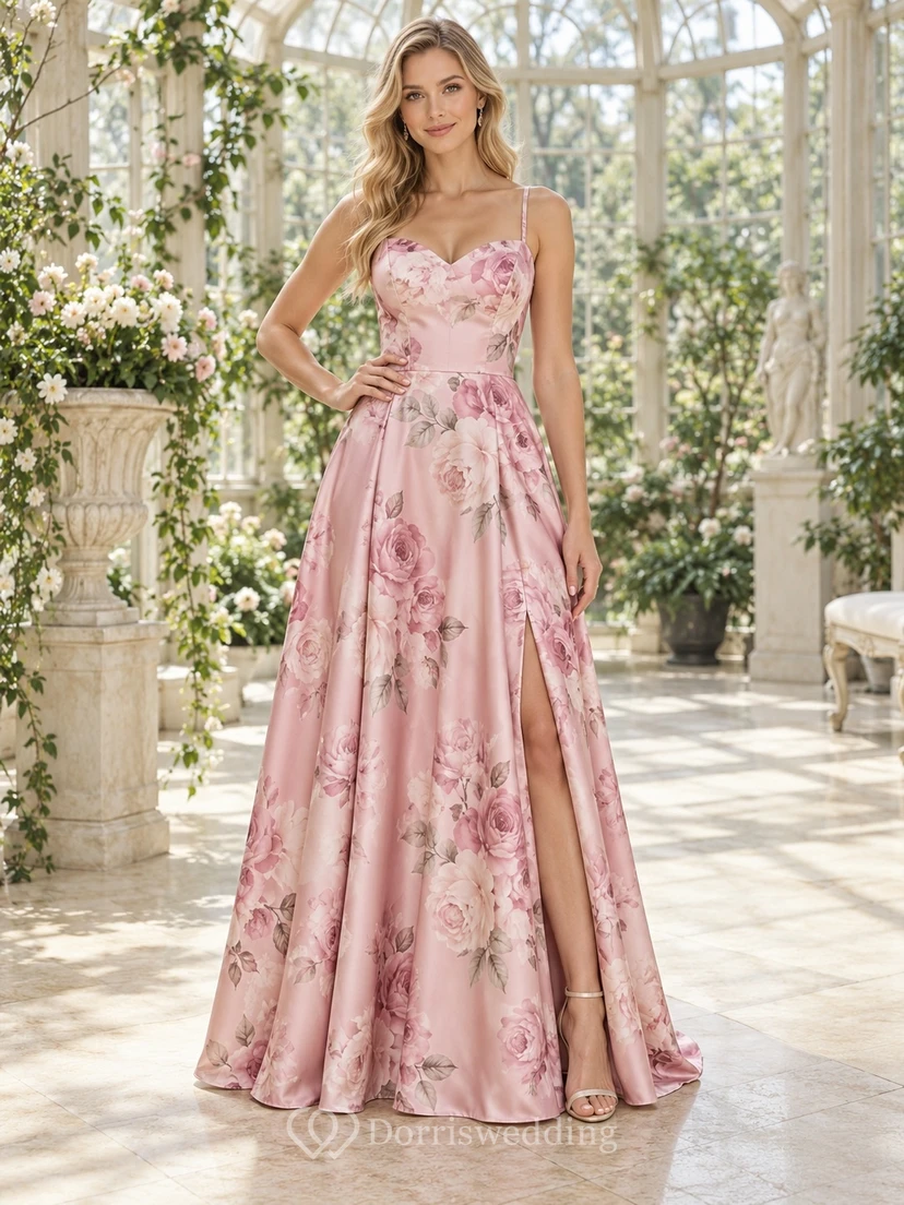 Vestido de dama de honor de satén rosa rubor con estampado floral, escote corazón, tirantes finos, abertura lateral y corte en A, largo hasta el suelo.