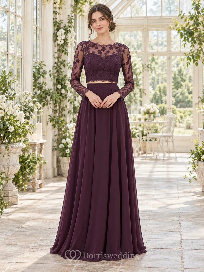 Conjunto de dos piezas de vestido de dama de honor de encaje color ciruela con mangas largas estilo bohemio.