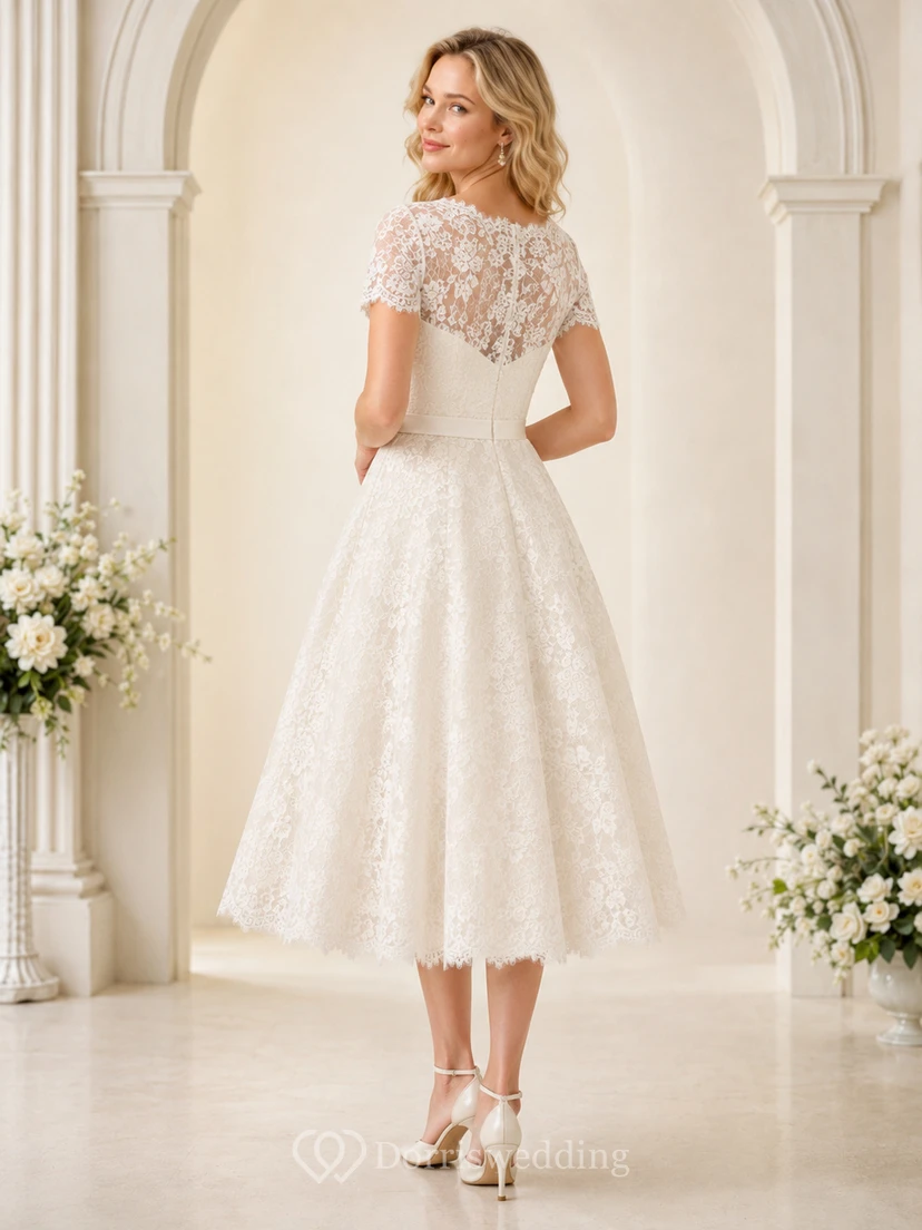 Vestido de novia romántico vintage de encaje floral con mangas cortas y escote barco, largo hasta la rodilla, estilo jardín. view 2