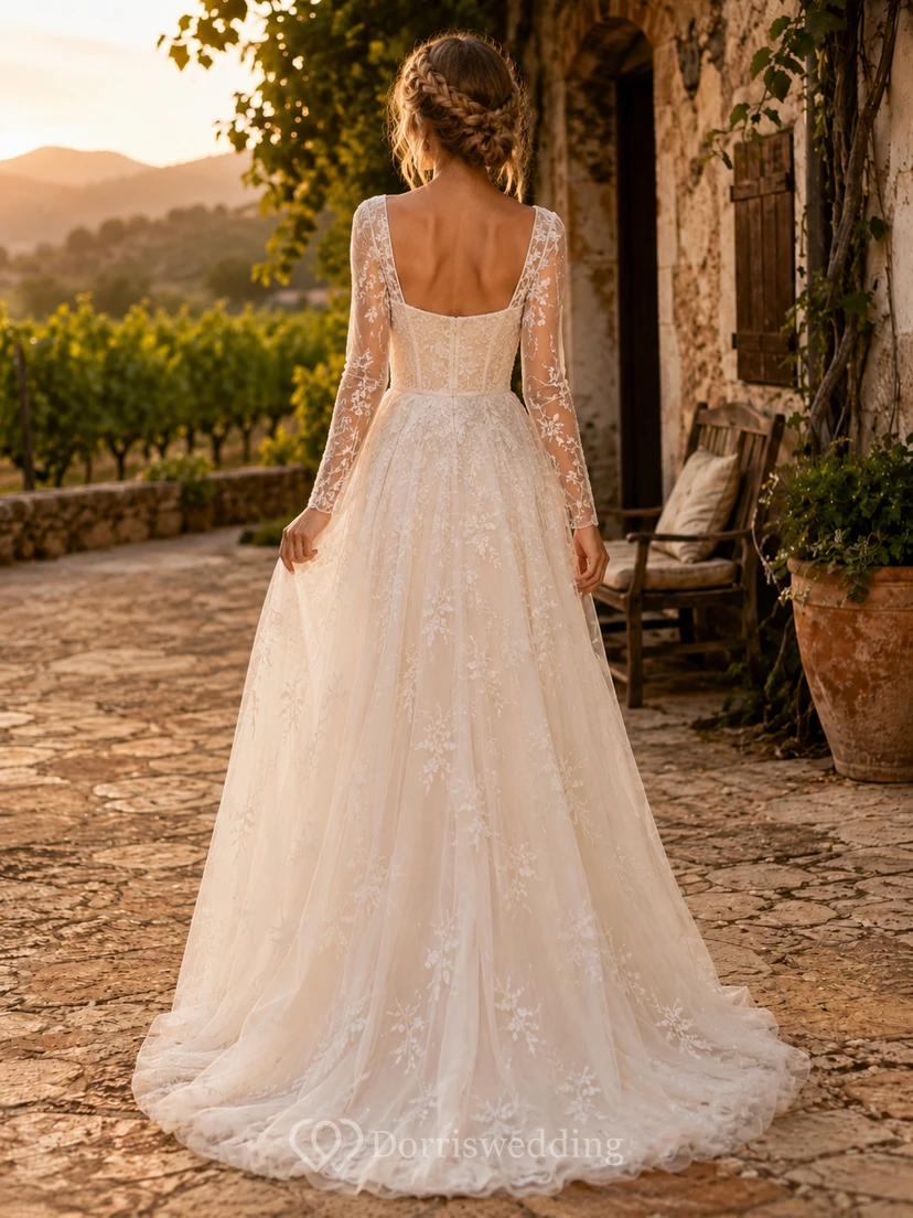 Robe de mariée champêtre en dentelle à manches longues et col carré view 2