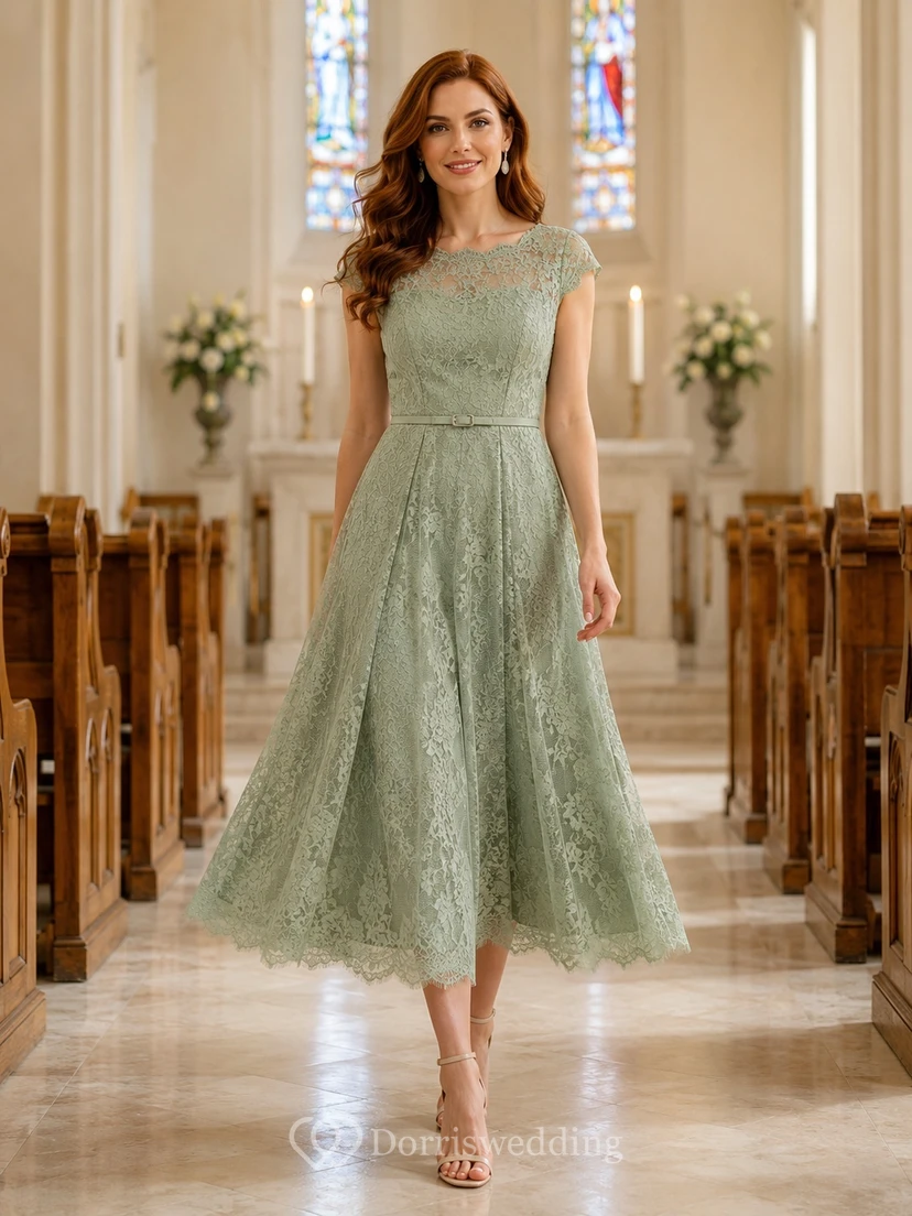 Salbeigrünes Spitzenkleid mit kurzen Ärmeln, A-Linien-Form und Teelänge, ideal als Kirchengastkleid