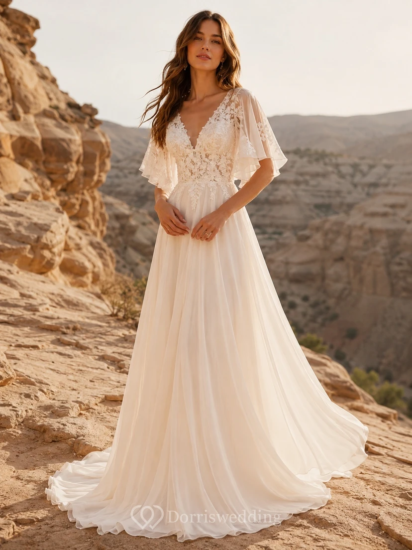 Boho V-Neck Flutter Sleeve Lace Chiffon A-Line Sweep Train Elopement Wedding Dress