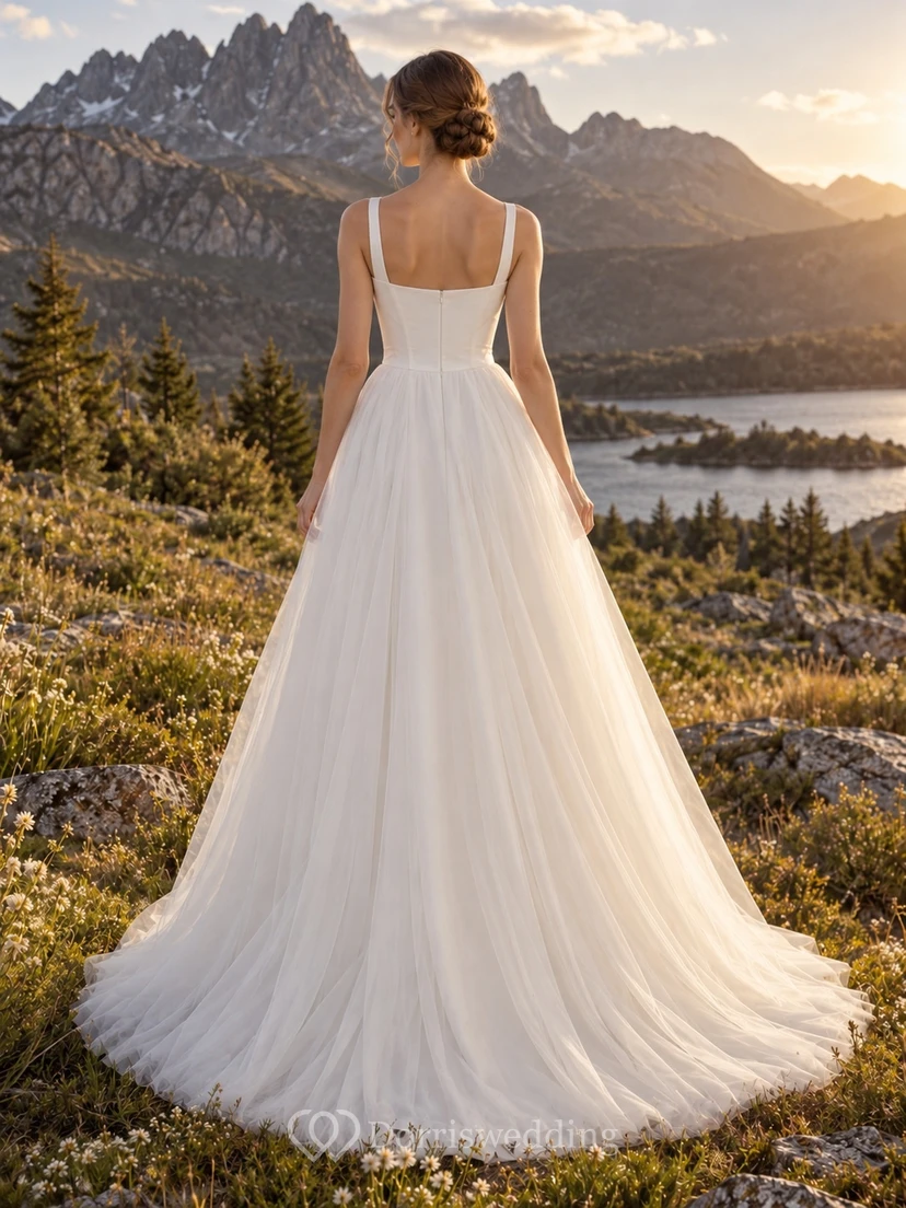 Einfaches Brautkleid in A-Linie mit eckigem Ausschnitt, breiten Tüllträgern view 2