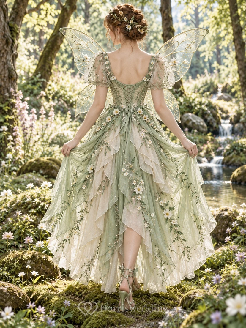 Fairy High-low Sage Floral Sweetheart Puff Sleeve Layered Costume Dress view 2