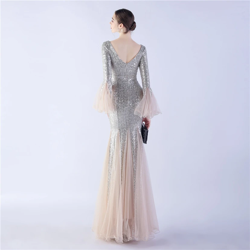 Vestido de noche con lentejuelas, bordado de malla encriptada, estilo artesanal de seda de pez y borde ondulado. view 6