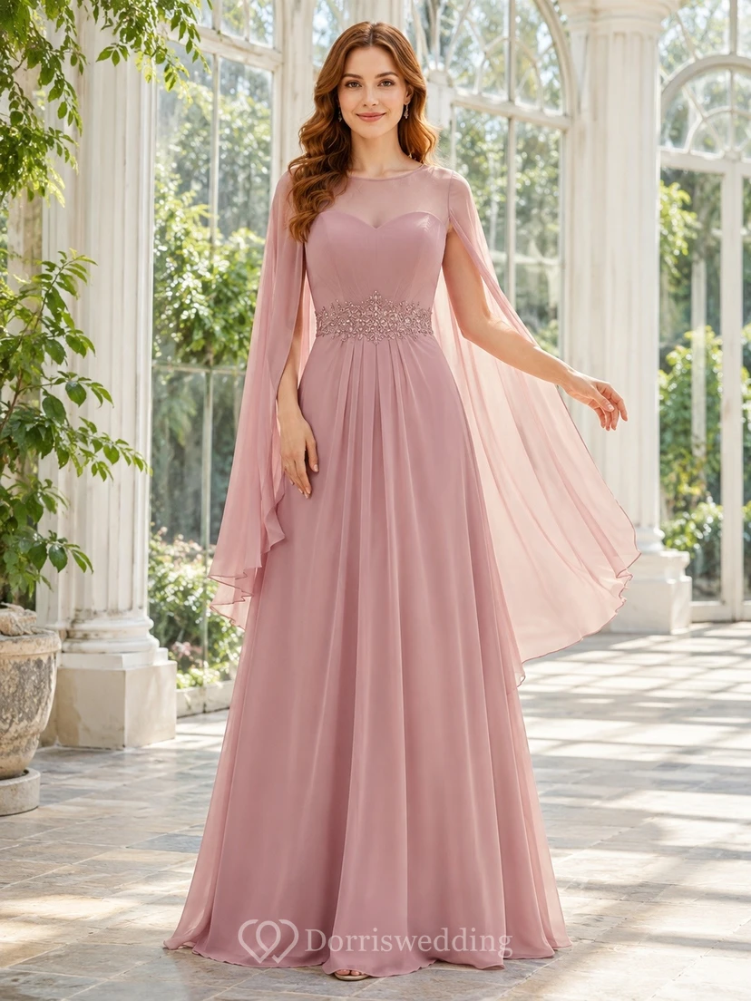 Blush Pleated V-neck Cape Sleeve Chiffon A-Line Evening Gown Dress