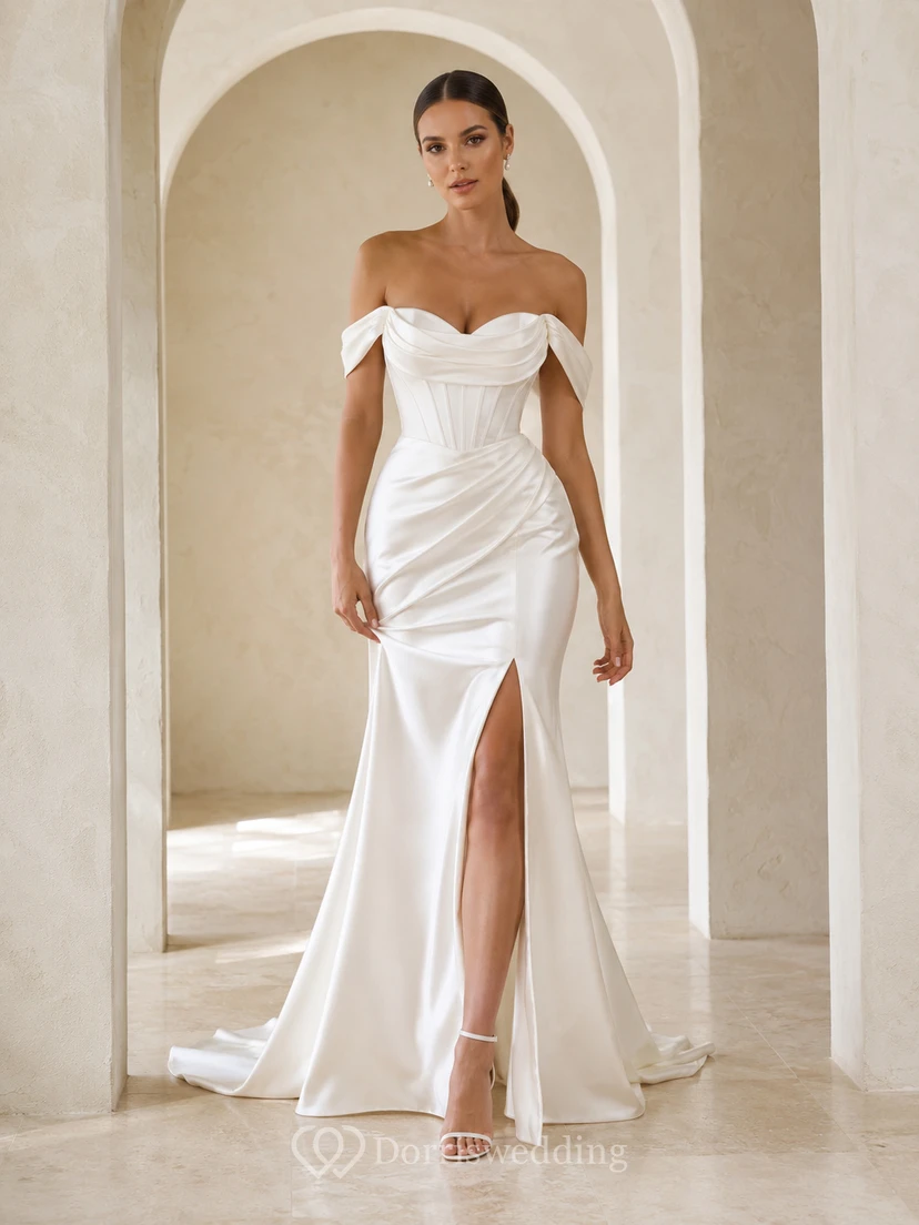 Minimalist Satin Wedding Dress Sheath Off Shoulder Sweep Train with Slit Bridal Gown