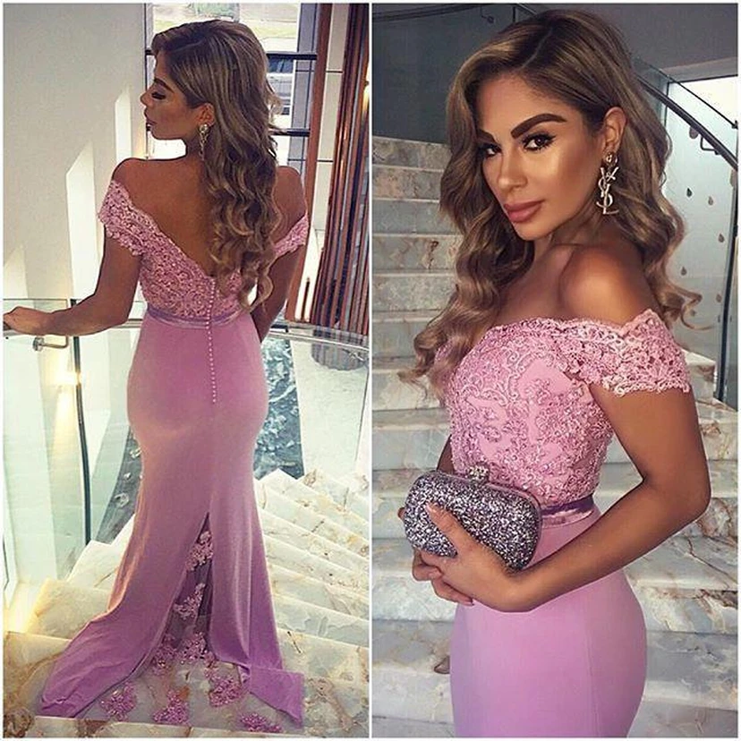 Elegant Lace Appliques Mermaid Prom Dress Off-the-shoulder Sweep Train view 4
