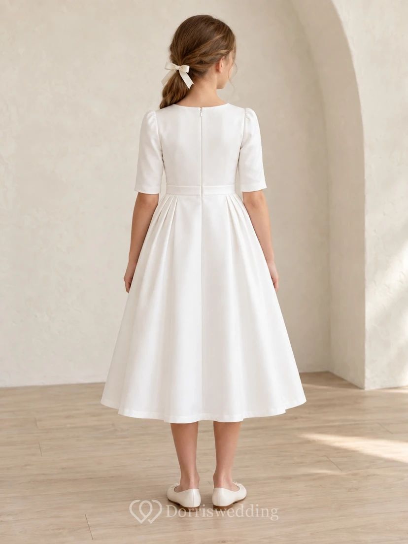 Modest Simple White Tea-length Jewel Elbow Sleeves Waistband Side-Pleated Satin A-line Flowergirl Dress view 2