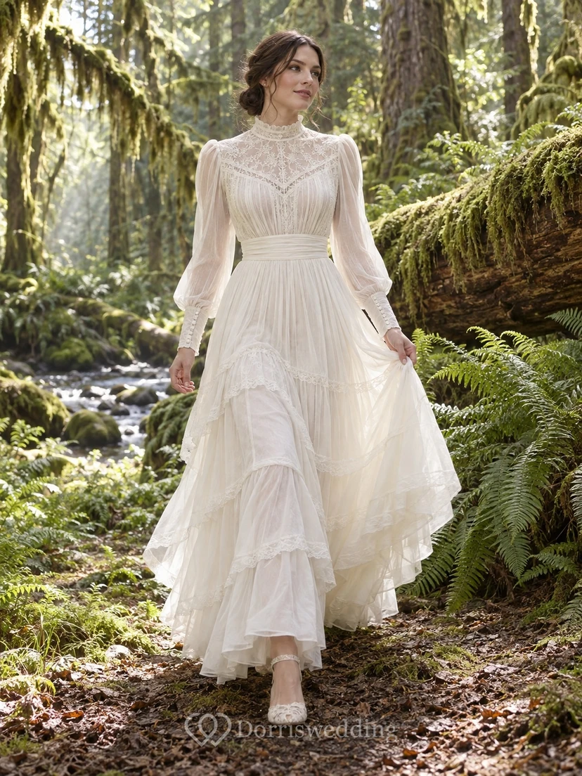 Vestido de novia vintage de voile tejido con escote alto, mangas largas y bajo asimétrico.
