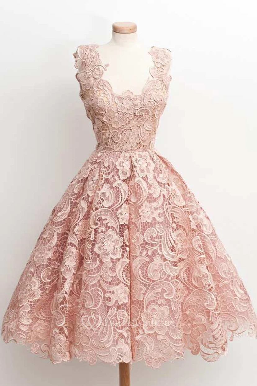 Low V Neckline A-line Knee Length Lace Dress view 11