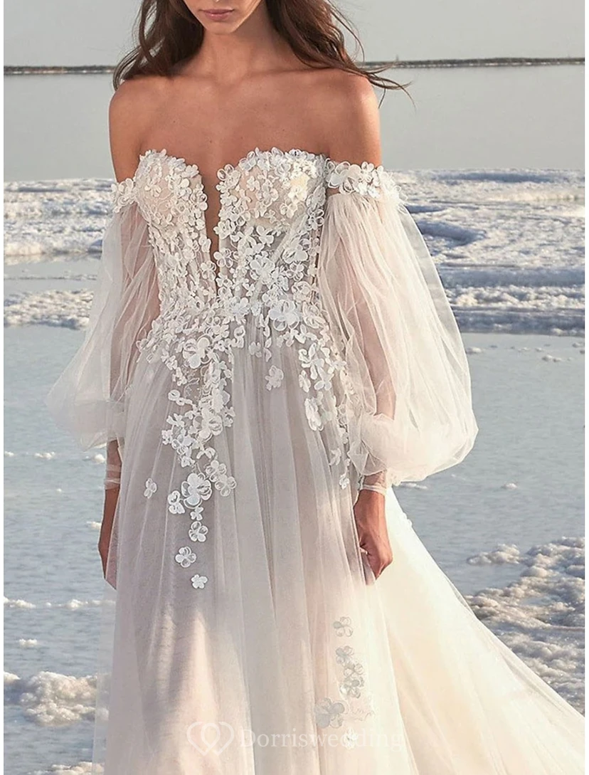 Ethereal Off-Shoulder Tulle Ball Gown with Puff Sleeves view 2