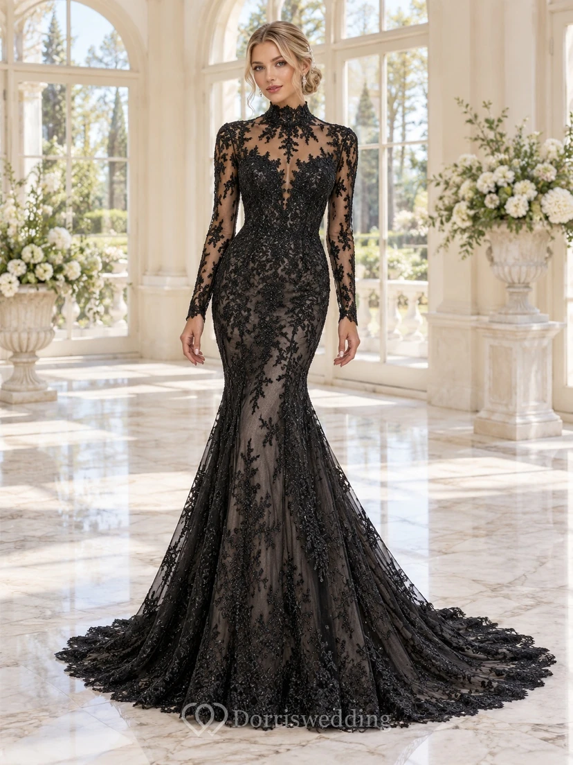 Black Mermaid Long Sleeve High Neck Floral Lace Wedding Dress