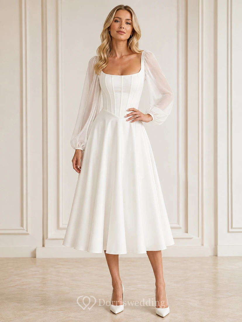 Vestido de gasa blanco de corte A, largo hasta la rodilla, con escote cuadrado y mangas abullonadas, estilo vintage romántico.