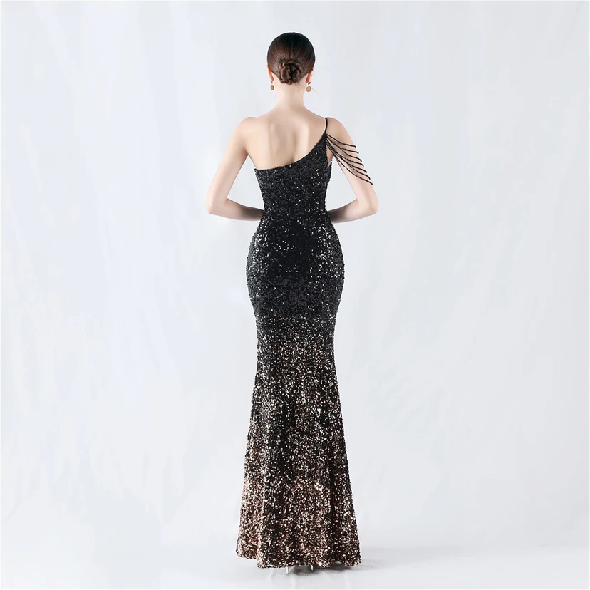 Vestido de noche asimétrico con tirantes, lentejuelas, lentejuelas y bajo de terciopelo degradado de alta densidad view 46