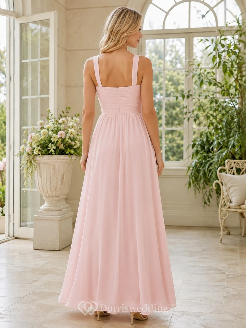 Blush Square Neck Chiffon Sleeveless A-Line Floor Length Bridesmaid Dress view 2