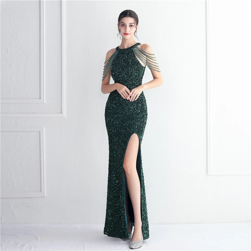 Heavy-Duty Glass Bead Craft Beaded Banquet Evening Dress Temperament Elegant Long Halter Neck Slit Sequins view 22