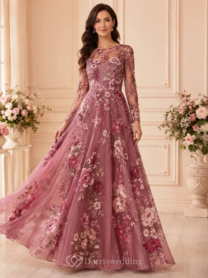 Dusty Rose Floral Jewel Neck Long Sleeve Tulle A-Line Floor-Length Gown
