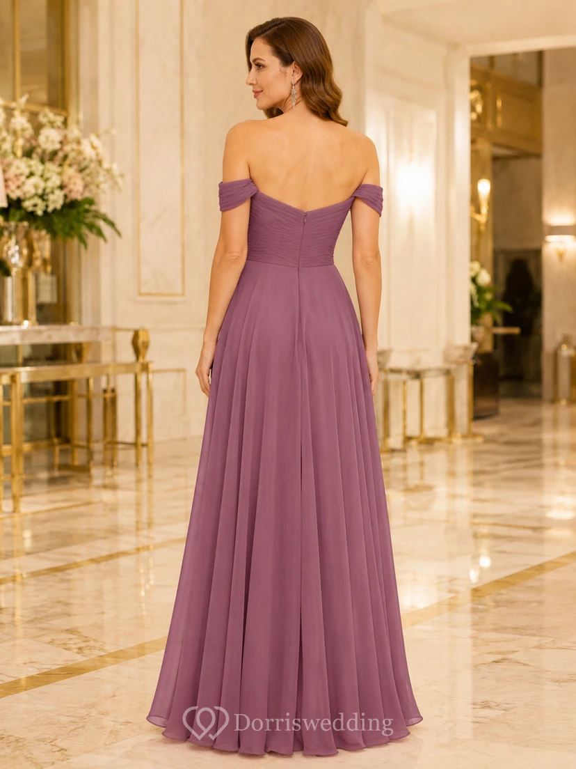 Mauvefarbenes Chiffon-Abendkleid mit kurzen Ärmeln und A-Linie view 2