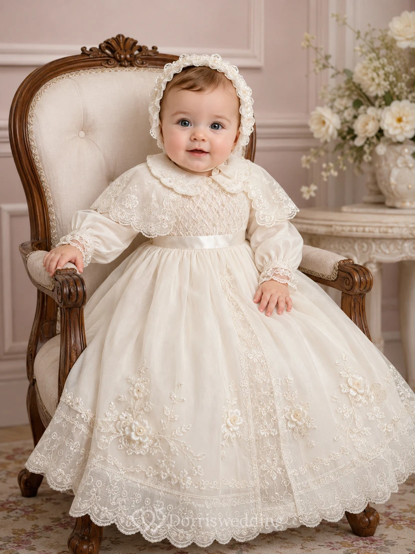 Vintage Baby Baptism Christening Ceremony Dress A-Line Knee-Length Jewel Neck Puff Sleeve Tulle Lace Floral Detail Floral Applique Button Back