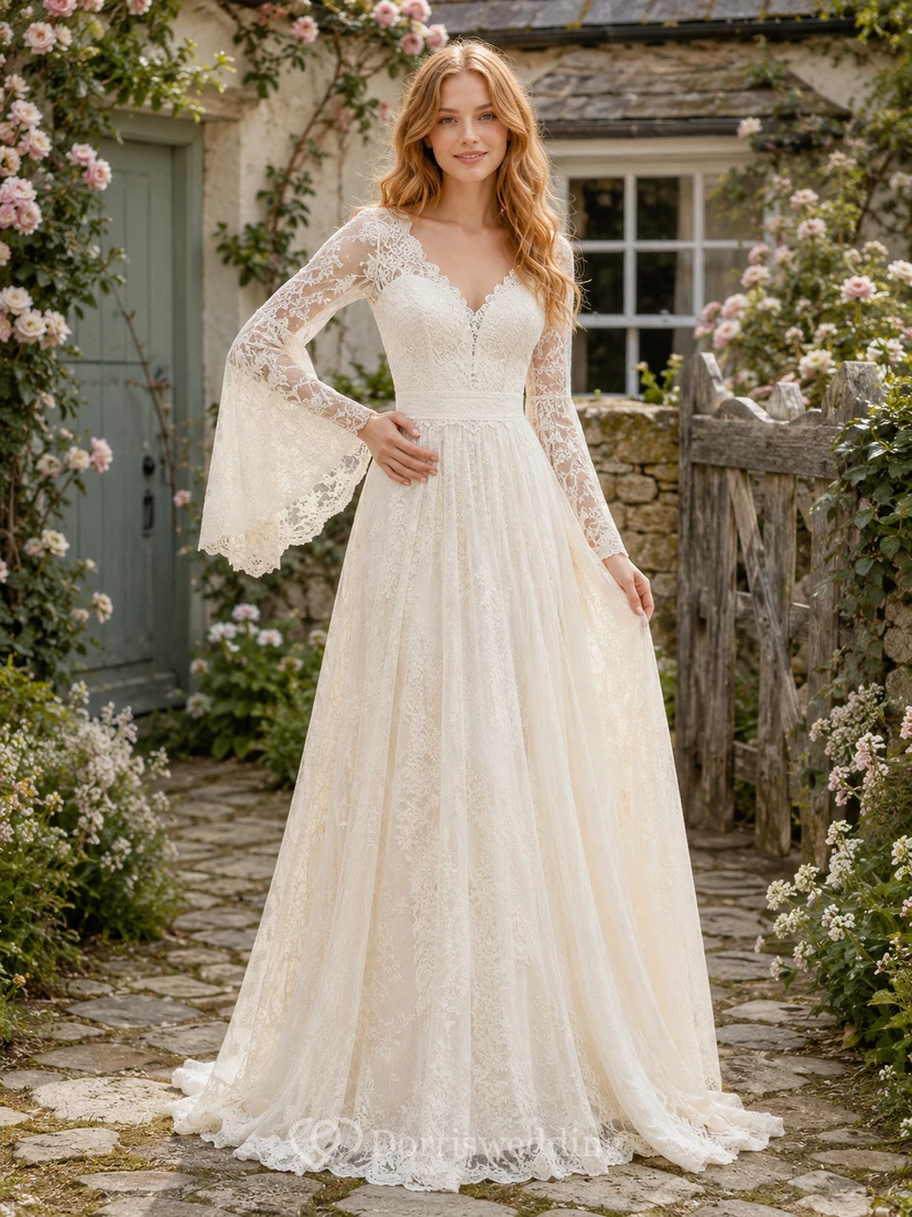 Robe de mariée trapèze en dentelle champêtre à col en V et manches cloche