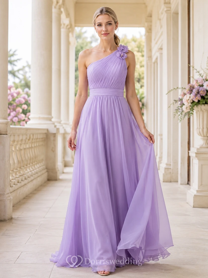 Lavender One-shoulder Flower Pleated Chiffon Cotillion Ball Gown Formal Evening Dress