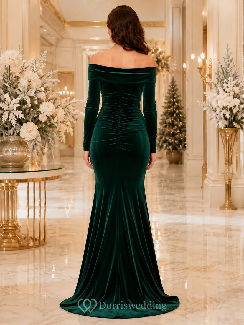 Emerald Green Velvet Off Shoulder One Sleeve Floor Length Mermaid Winter Dress view 2