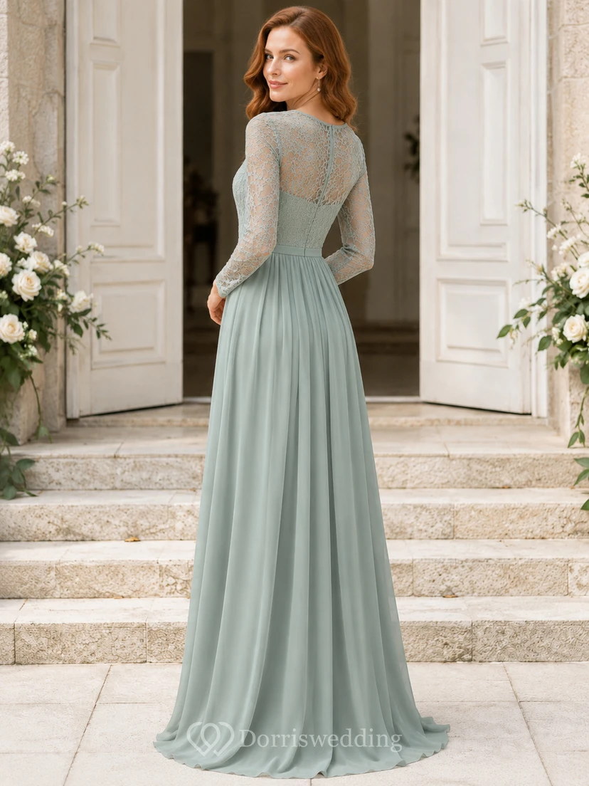 Sage Lace Long Sleeve Chiffon Formal Wedding Guest Gown view 2