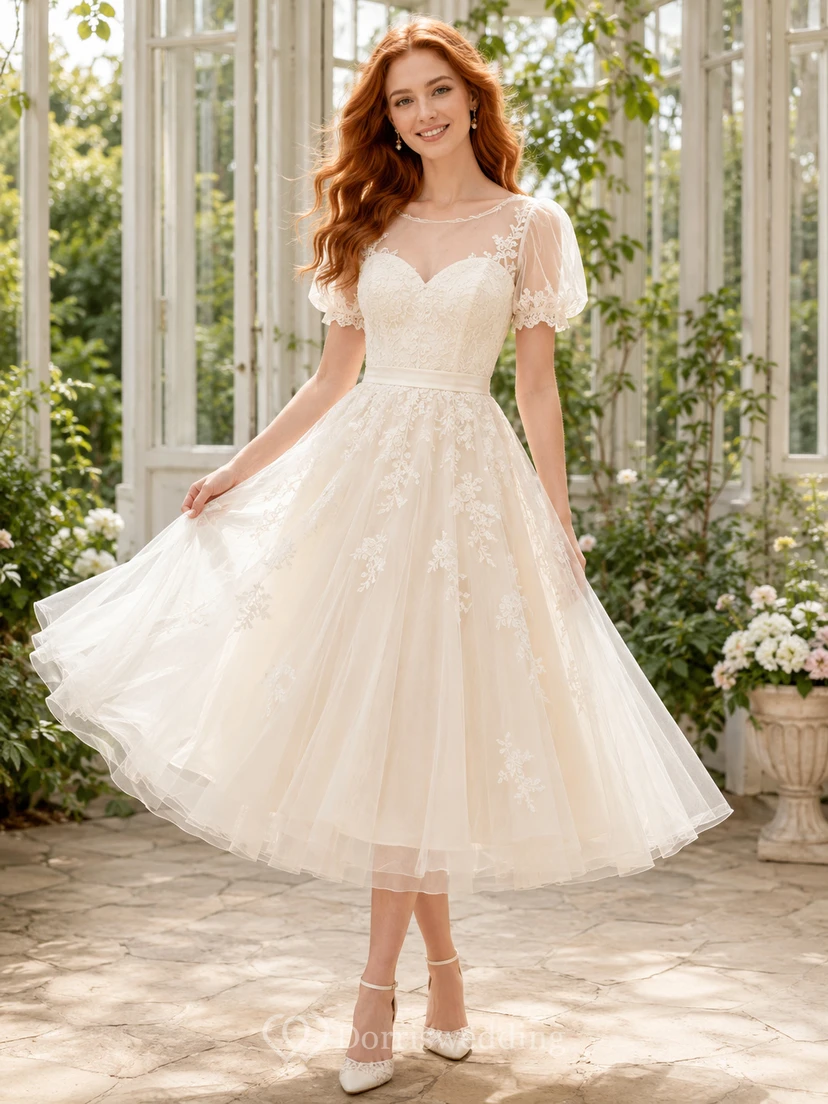 Adorable vestido de novia romántico de encaje y tul con mangas cortas y escote corazón hasta la rodilla