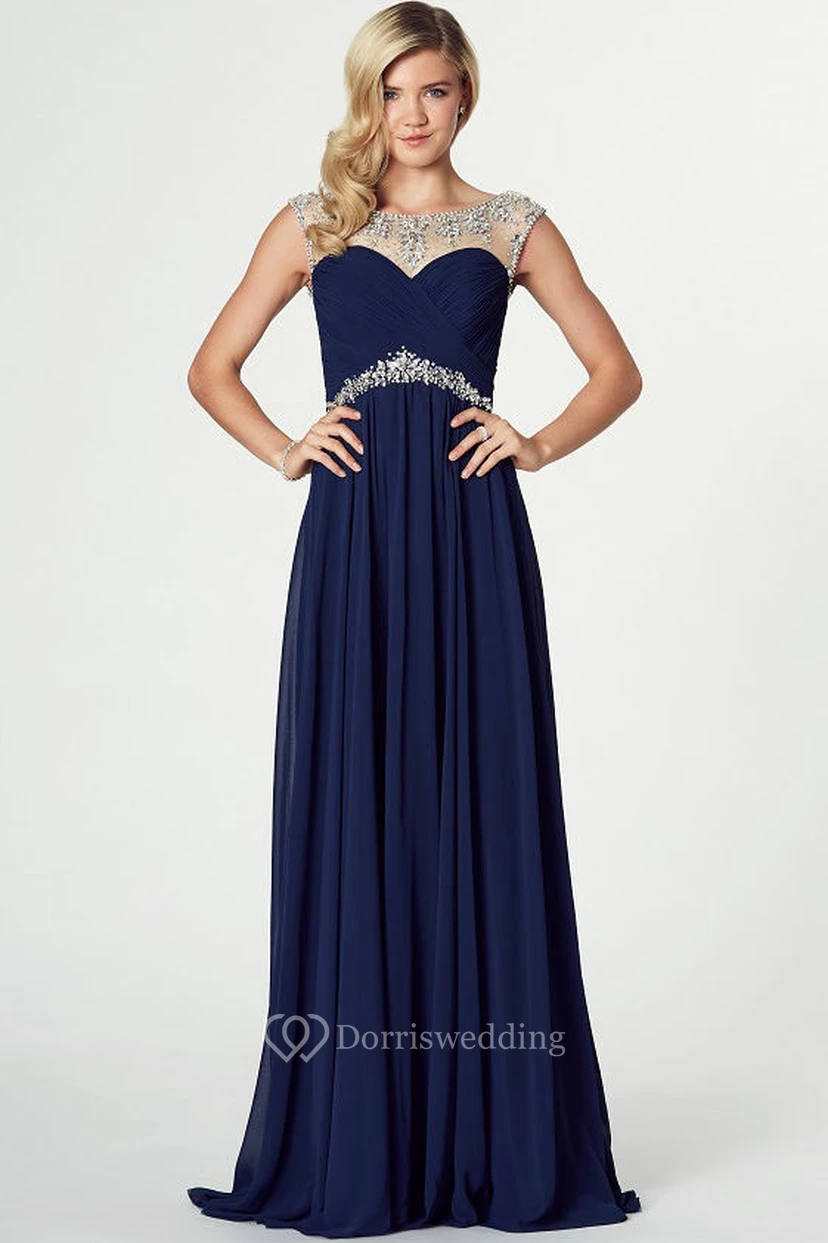 Bateau Neck Beaded Sleeveless Chiffon Prom Dress