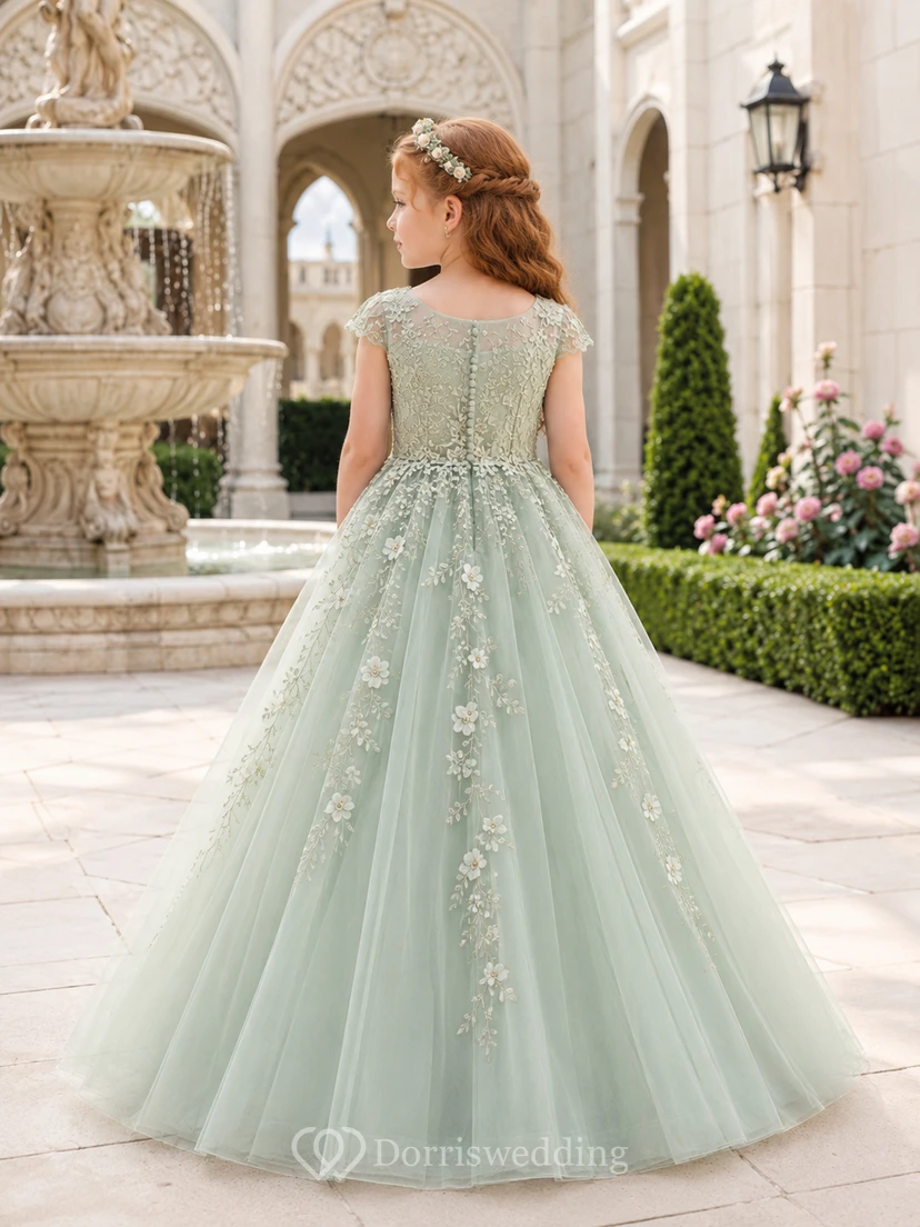 Sage Flower Girl Dress with Illusion Scoop Neck, Lace Cap Sleeves, Floral Embroidered Floor-Length Tulle Ball Gown and Button Back view 2