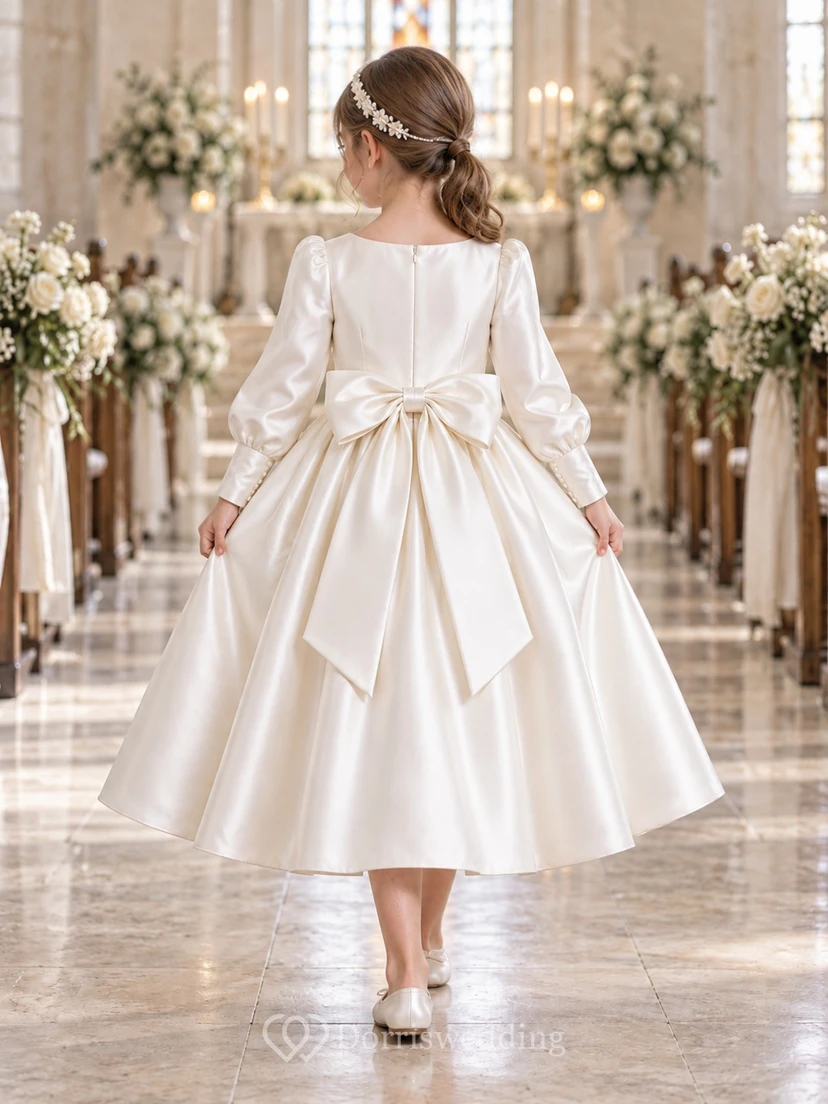 Tea-length Long Sleeve Vintage Ivory A-line Satin Pleated Bow-back Flower Girl Dress view 2