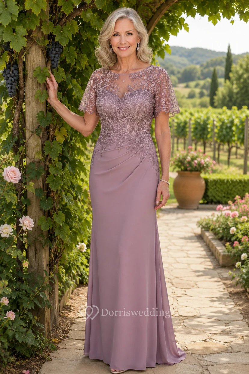 MOB Dress Mauve Chiffon Lace Sheath Short Sleeve Bateau Neck Floor Length