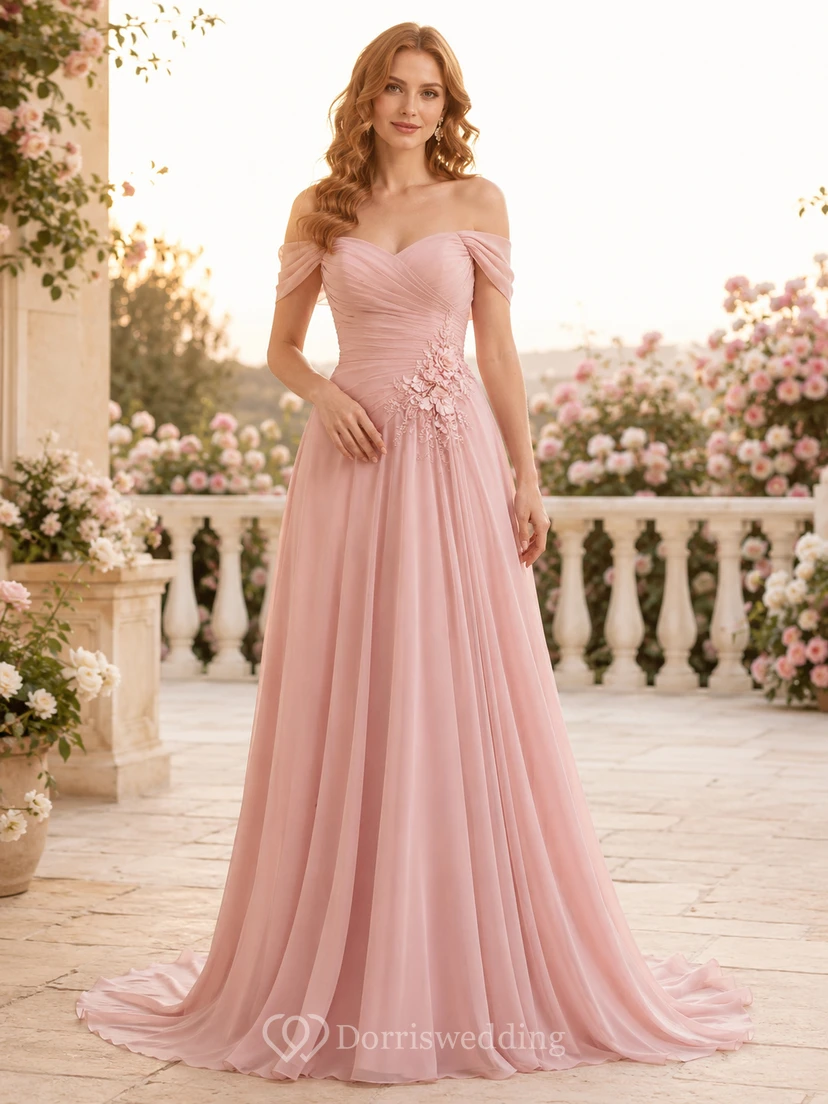Romantisches Abendkleid aus rosafarbenem Spaghetti-Tüll in A-Linie
