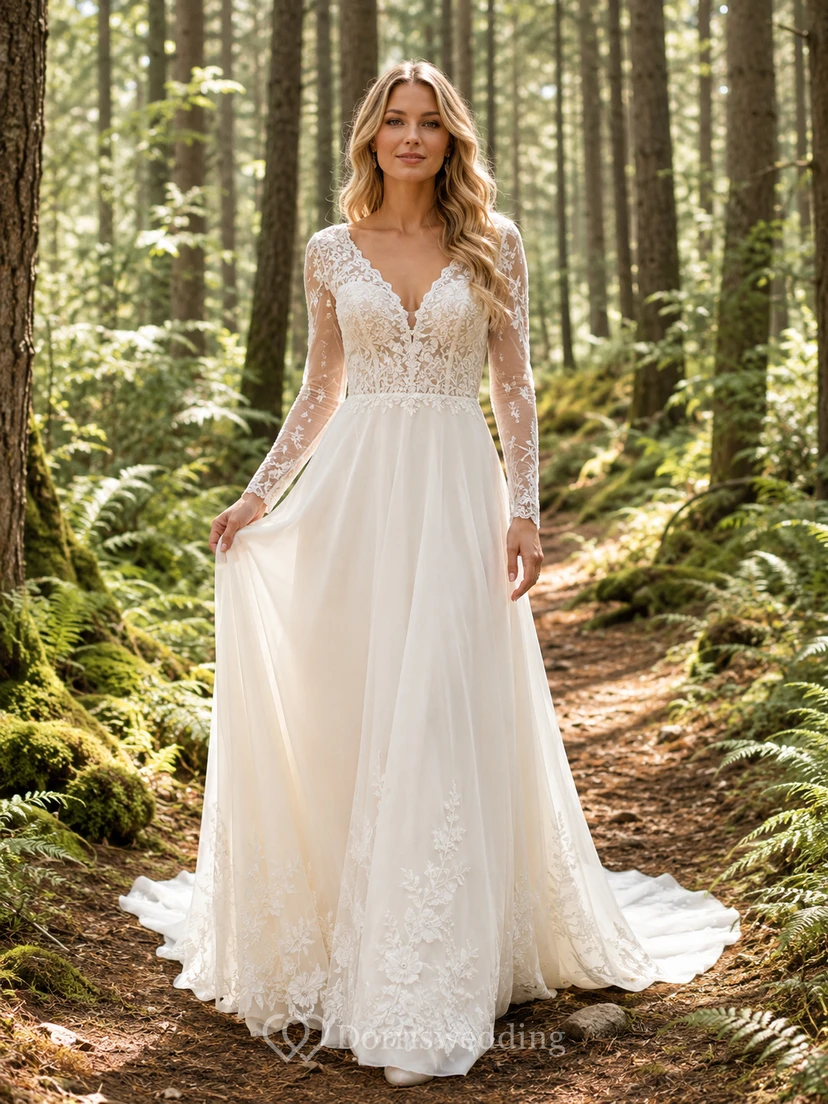 Brautkleid im Landhausstil mit Spitze, A-Linie, herzförmigem Schnitt, langen Ärmeln, Schleppe und tiefem V-Ausschnitt am Rücken