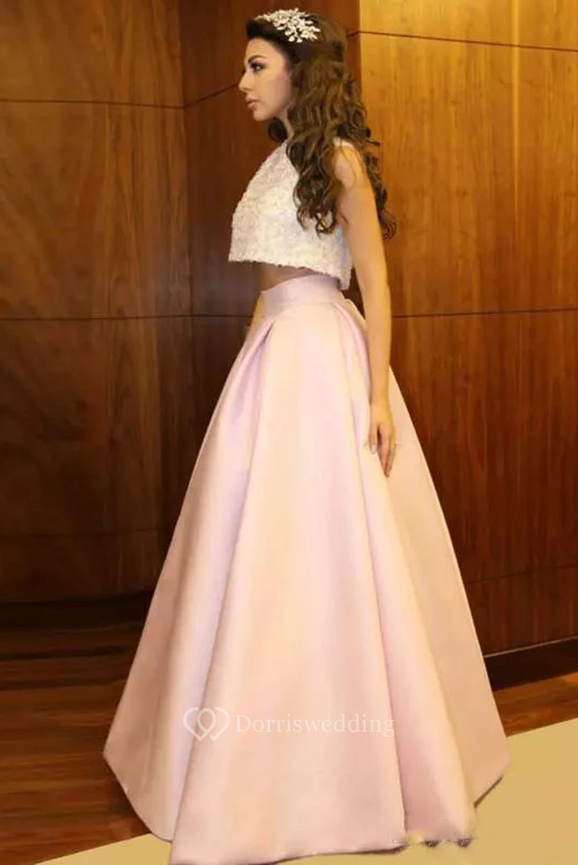 High Neck Jewel Two Piece Floor-length Sleeveless Satin Prom Dress with Zipper Back view 3