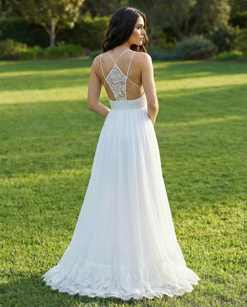 Robe de mariée bohème sans manches en dentelle et mousseline view 2