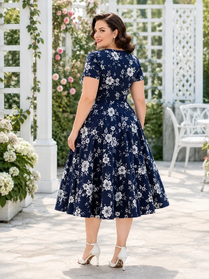 Dark Navy Floral V-Neck Short Sleeve A-Line Tea-Length Vintage Plus-Size Dress view 2