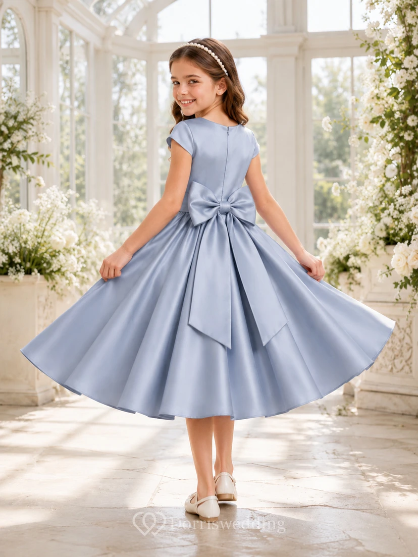 Elegantes, teelanges A-Linien-Kleid für Blumenmädchen aus stahlblauem Satin mit kurzen Ärmeln und Schleife am Rücken. view 2