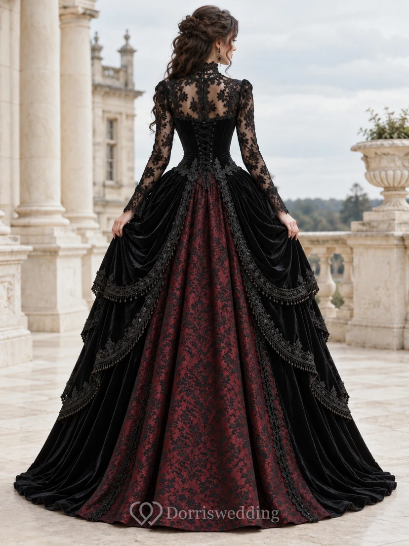 Robe gothique victorienne noire à col montant et manches longues en dentelle drapée view 2