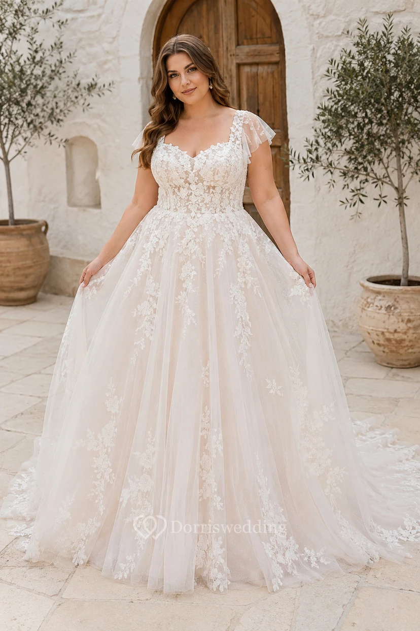 Plus Size Cap Sleeve Lace A-Line Wedding Dress with Full Tulle Skirt