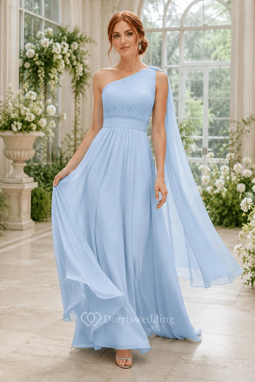 Vestido formal de gasa azul cielo de un solo hombro, corte en A con panel drapeado