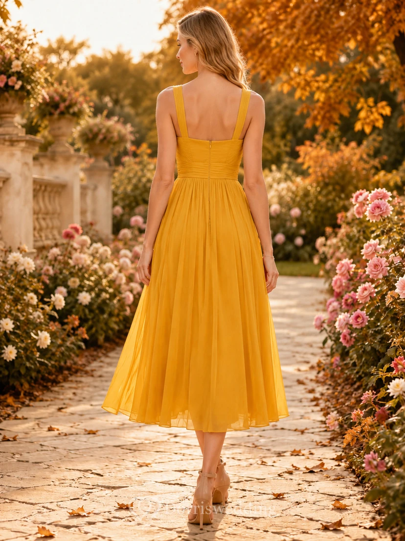 Gold Square Neck Strappy Chiffon Tea Length Guest Dress view 2