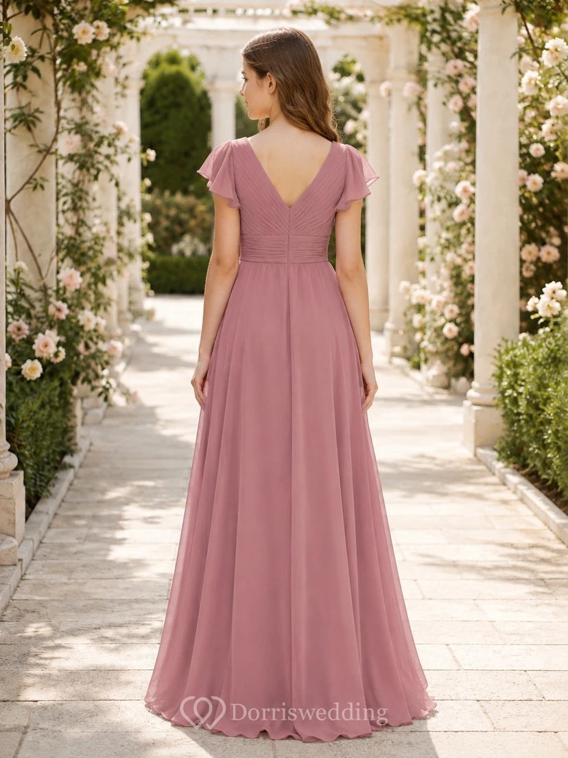 Vintage-Brautjungfernkleid in Mauve, A-Linie, V-Ausschnitt, kurze Blütenblattärmel, Chiffon, elegant view 2
