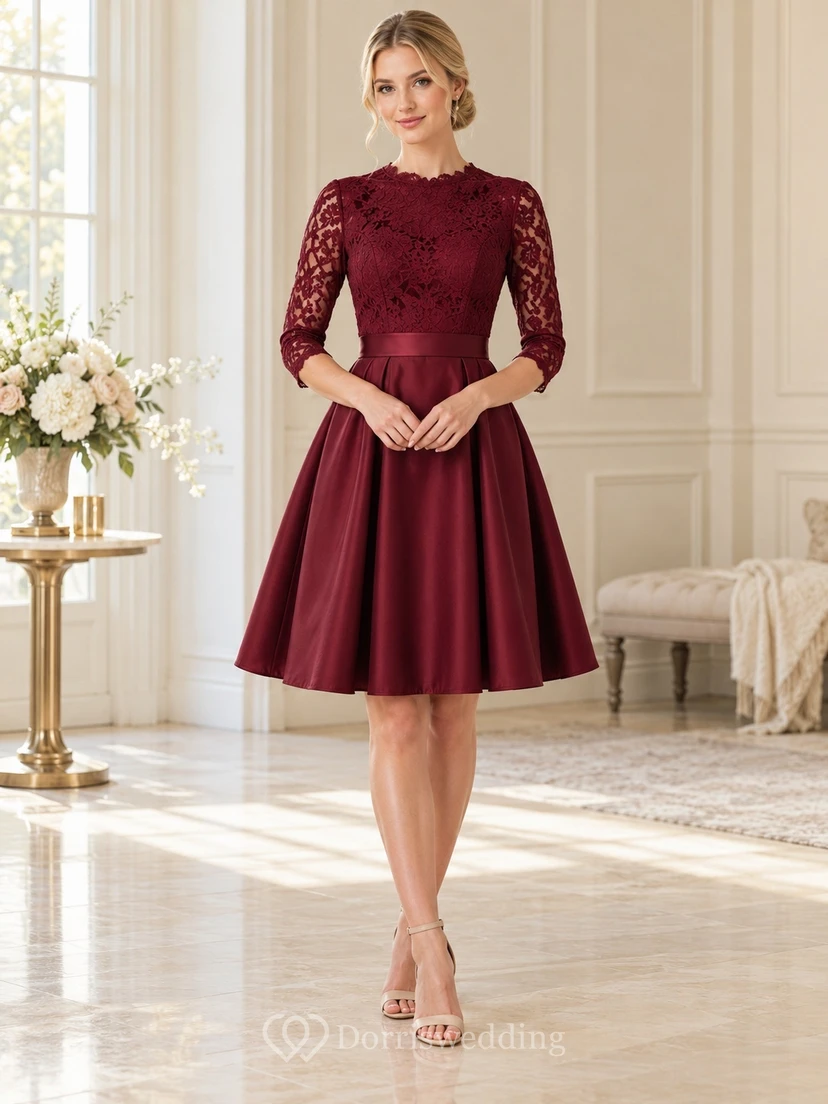 Robe de bal modeste en satin bordeaux à manches courtes et dentelle, longueur genou.