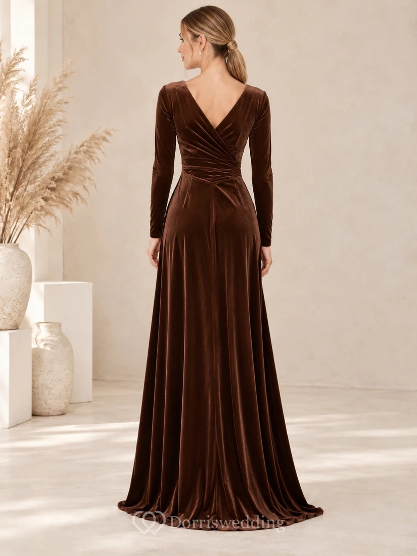Western Chocolate V-Neck Long Sleeve Velvet Split Bridesmaid Dress view 2