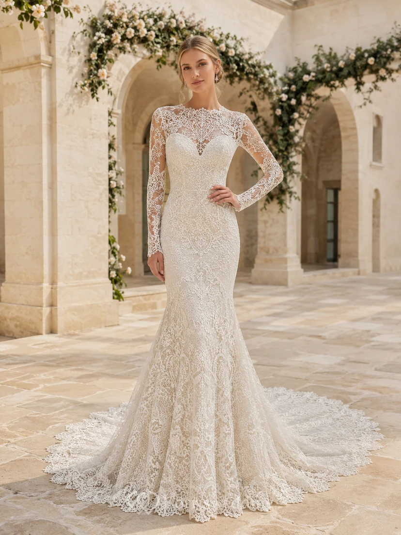 Robe de mariée sirène en dentelle illusion à col montant et manches longues, avec traîne chapelle et col chapelle modeste