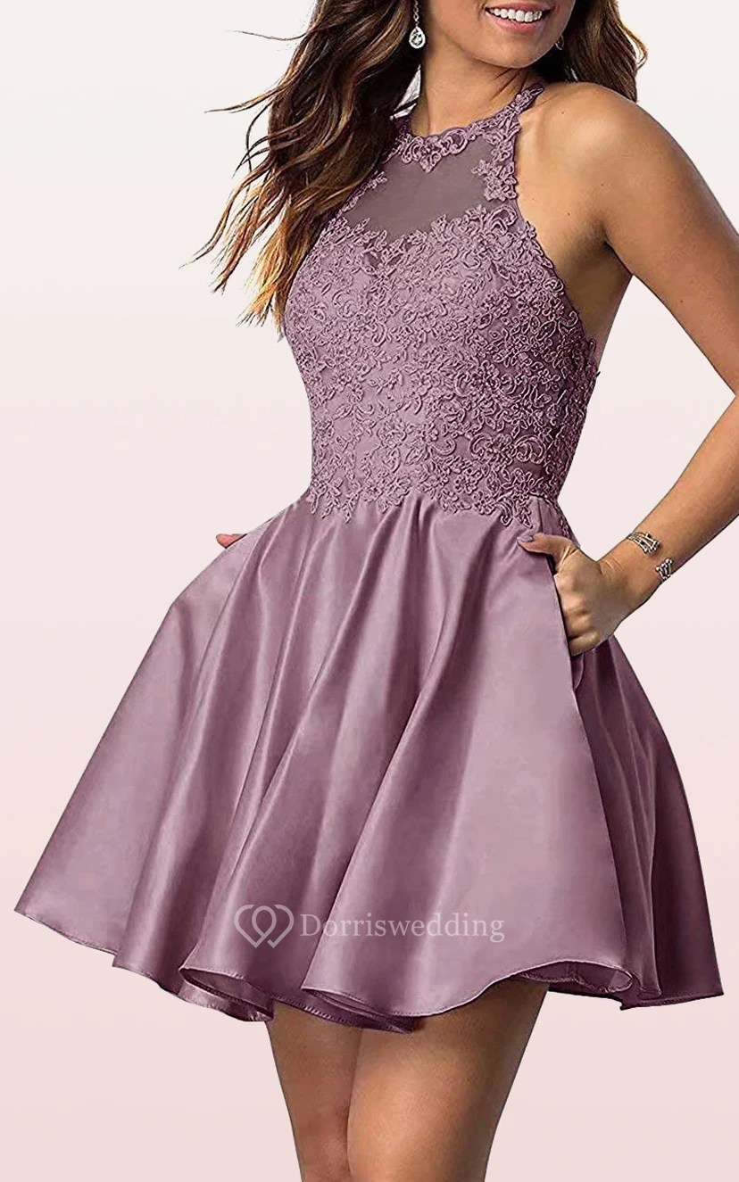 Satin Lace Mini A Line Sleeveless Adorable Homecoming Dress with Pleats view 4